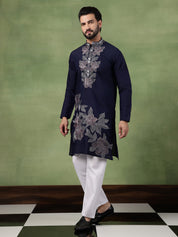 Men's Cotton Navy Long Kurta featuring Intricate Neck & Side Floral Embroidery