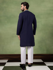 Men's Cotton Navy Long Kurta featuring Intricate Neck & Side Floral Embroidery