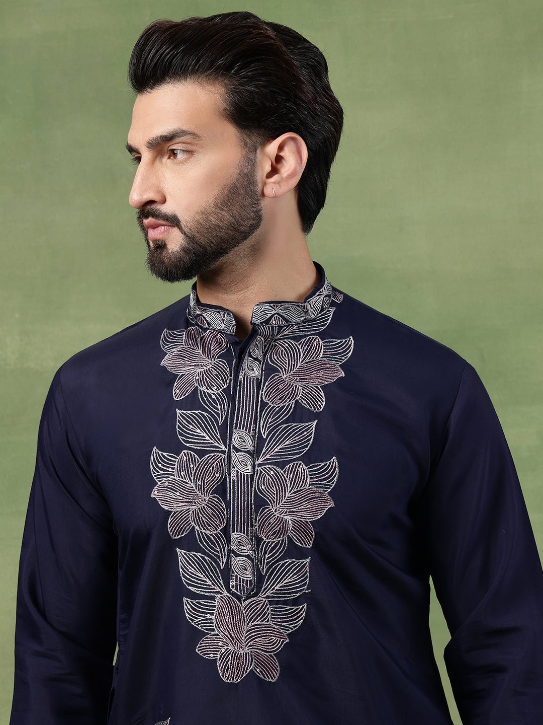 Men's Cotton Navy Long Kurta featuring Intricate Neck & Side Floral Embroidery