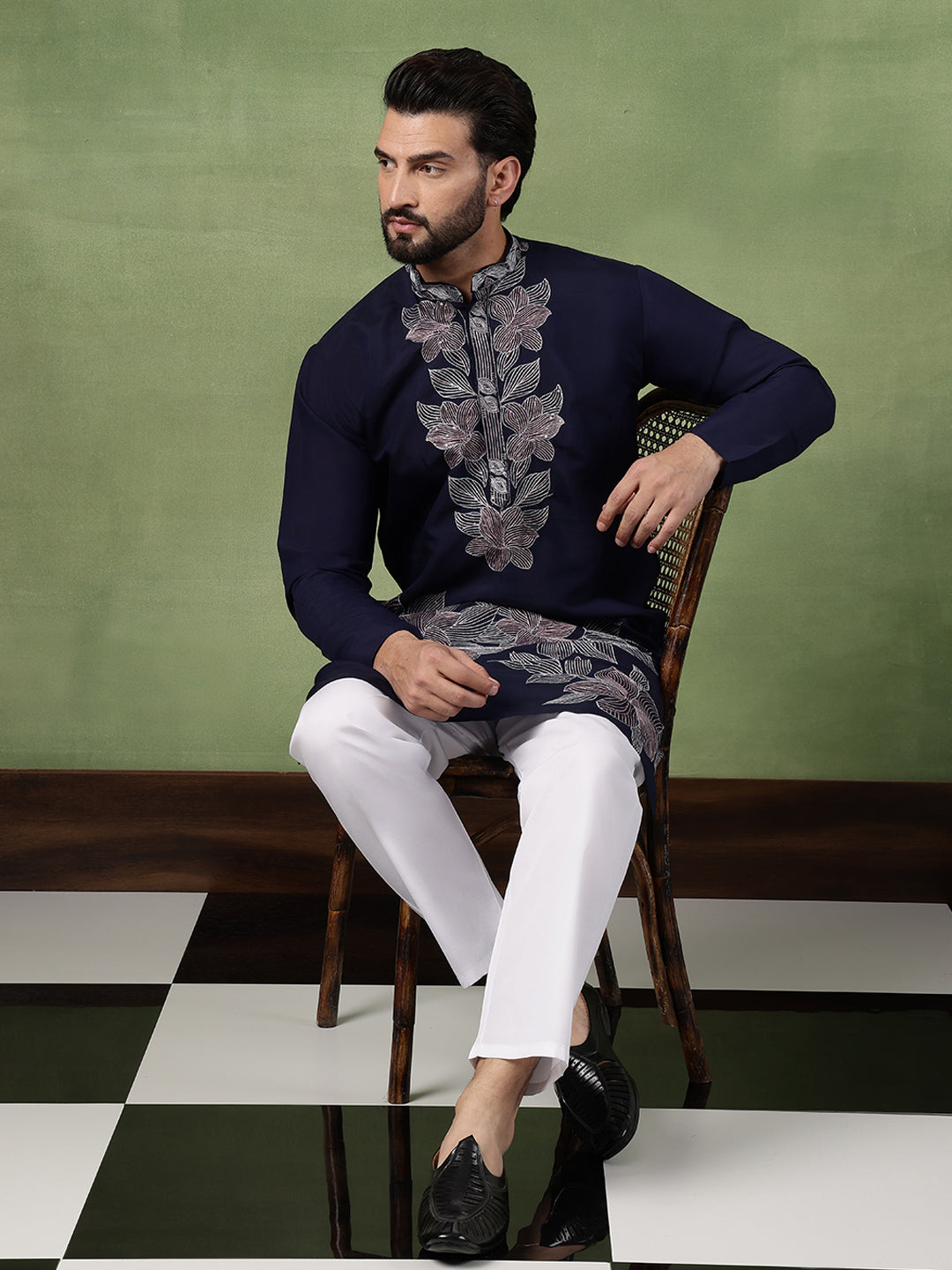 Men's Cotton Intricated Neck & Side Floral Embroidered Navy Kurta With Pyjama
