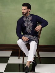 Men's Cotton Intricated Neck & Side Floral Embroidered Navy Kurta With Pyjama