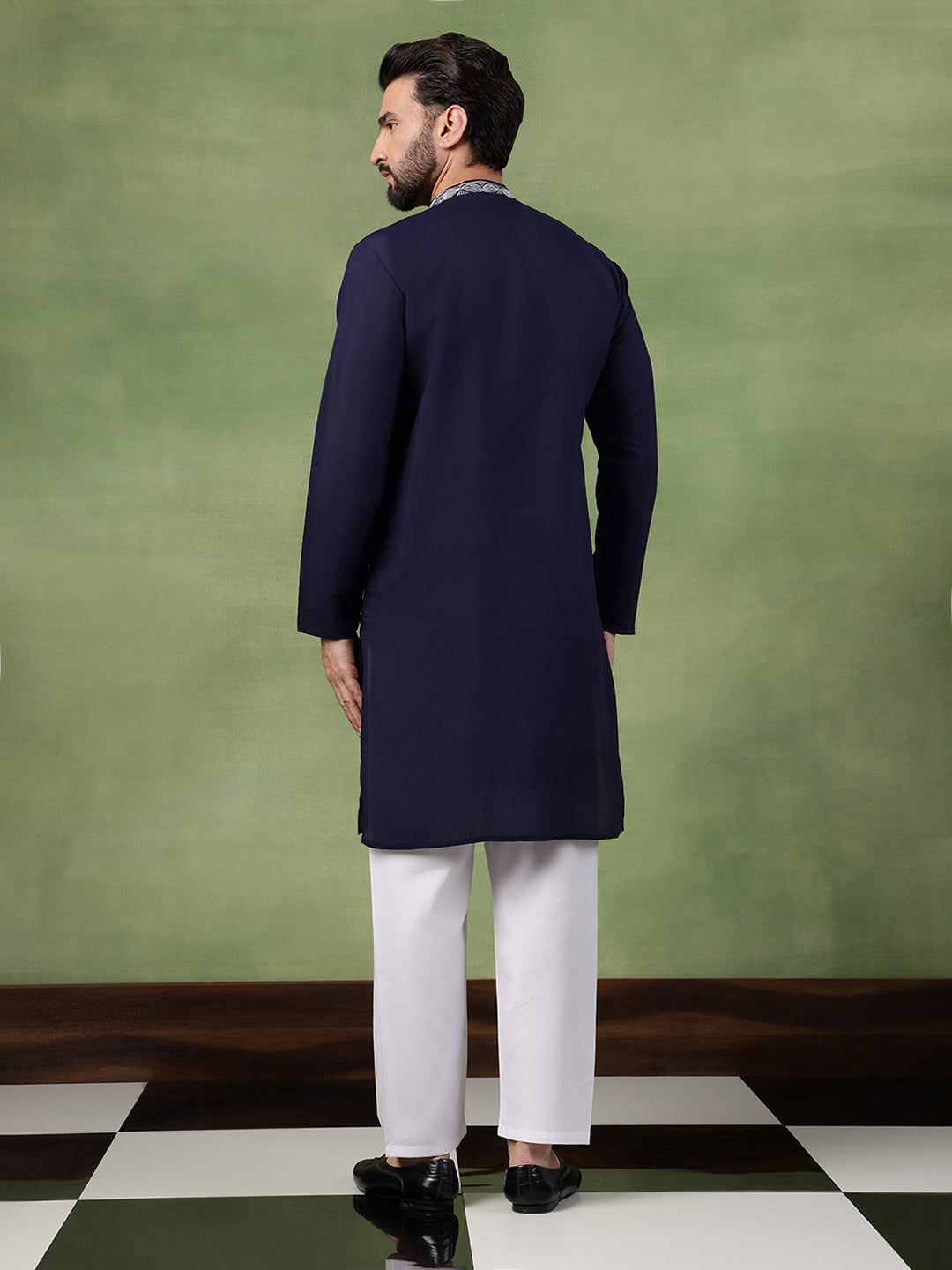 Men's Cotton Intricated Neck & Side Floral Embroidered Navy Kurta With Pyjama