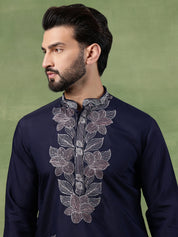 Men's Cotton Intricated Neck & Side Floral Embroidered Navy Kurta With Pyjama