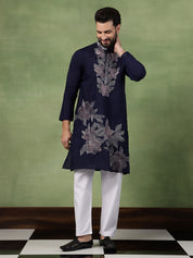 Men's Cotton Intricated Neck & Side Floral Embroidered Navy Kurta With Pyjama