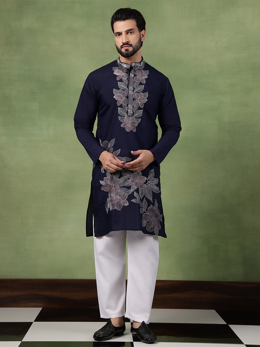 Men's Cotton Intricated Neck & Side Floral Embroidered Navy Kurta With Pyjama