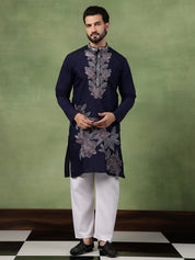 Men's Cotton Intricated Neck & Side Floral Embroidered Navy Kurta With Pyjama