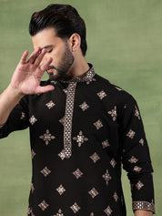 Men’s Cotton Mirror Hem Embroidered Black Long Kurta