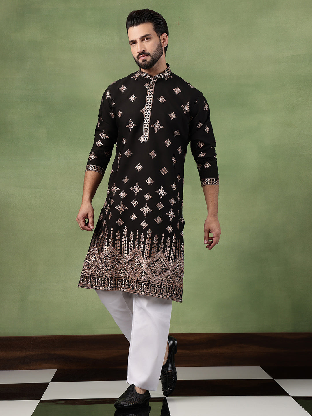 Men’s Cotton Mirror Hem Embroidered Black Long Kurta