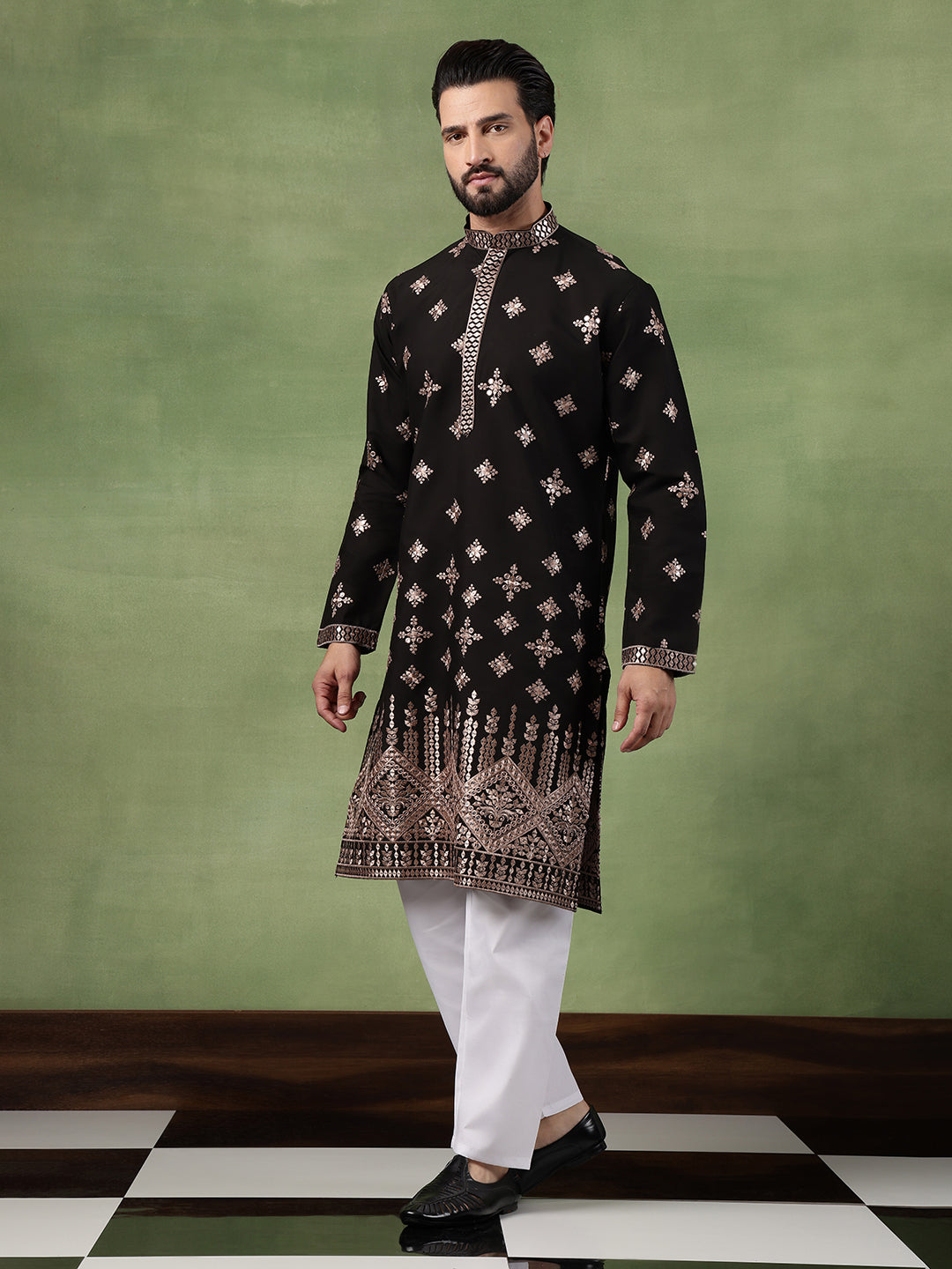 Men’s Cotton Mirror Hem Embroidered Black Long Kurta