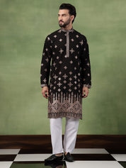 Men’s Cotton Mirror Hem Embroidered Black Long Kurta
