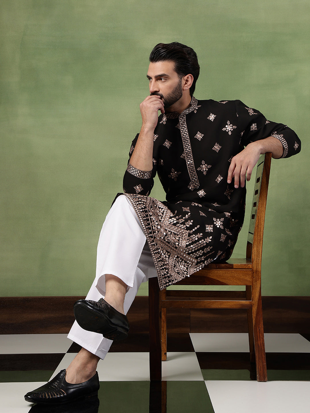 Men’s Cotton Mirror Hem Embroidered Black Kurta with Pyjama