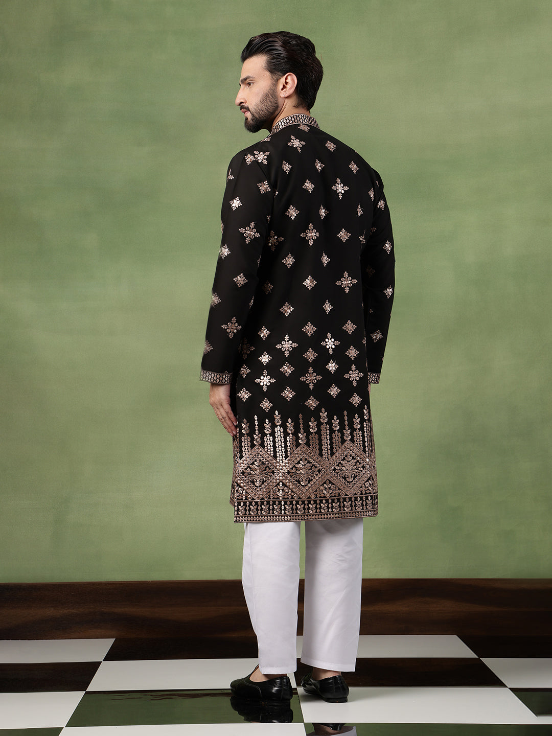Men’s Cotton Mirror Hem Embroidered Black Kurta with Pyjama