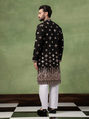 Men’s Cotton Mirror Hem Embroidered Black Kurta with Pyjama
