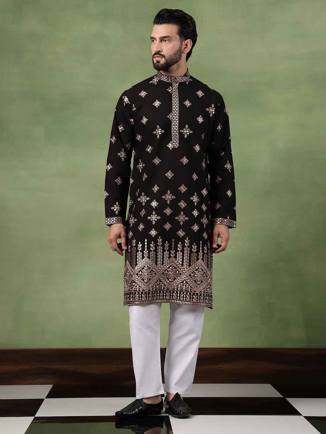Men’s Cotton Mirror Hem Embroidered Black Kurta with Pyjama