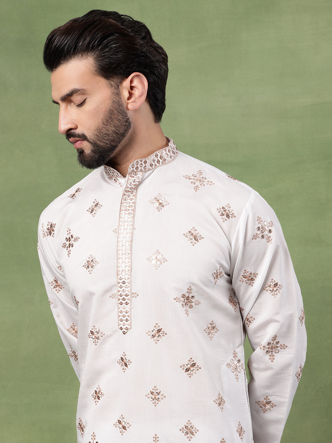 Men’s Cotton Mirror Hem Embroidered White Long Kurta