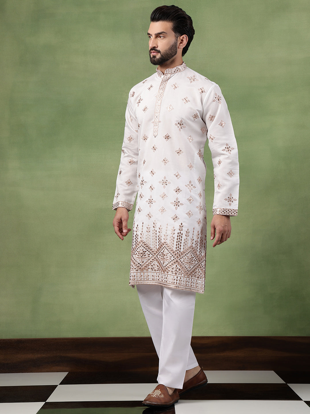Men’s Cotton Mirror Hem Embroidered White Long Kurta