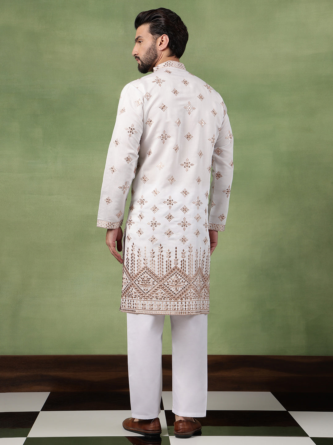 Men’s Cotton Mirror Hem Embroidered White Long Kurta