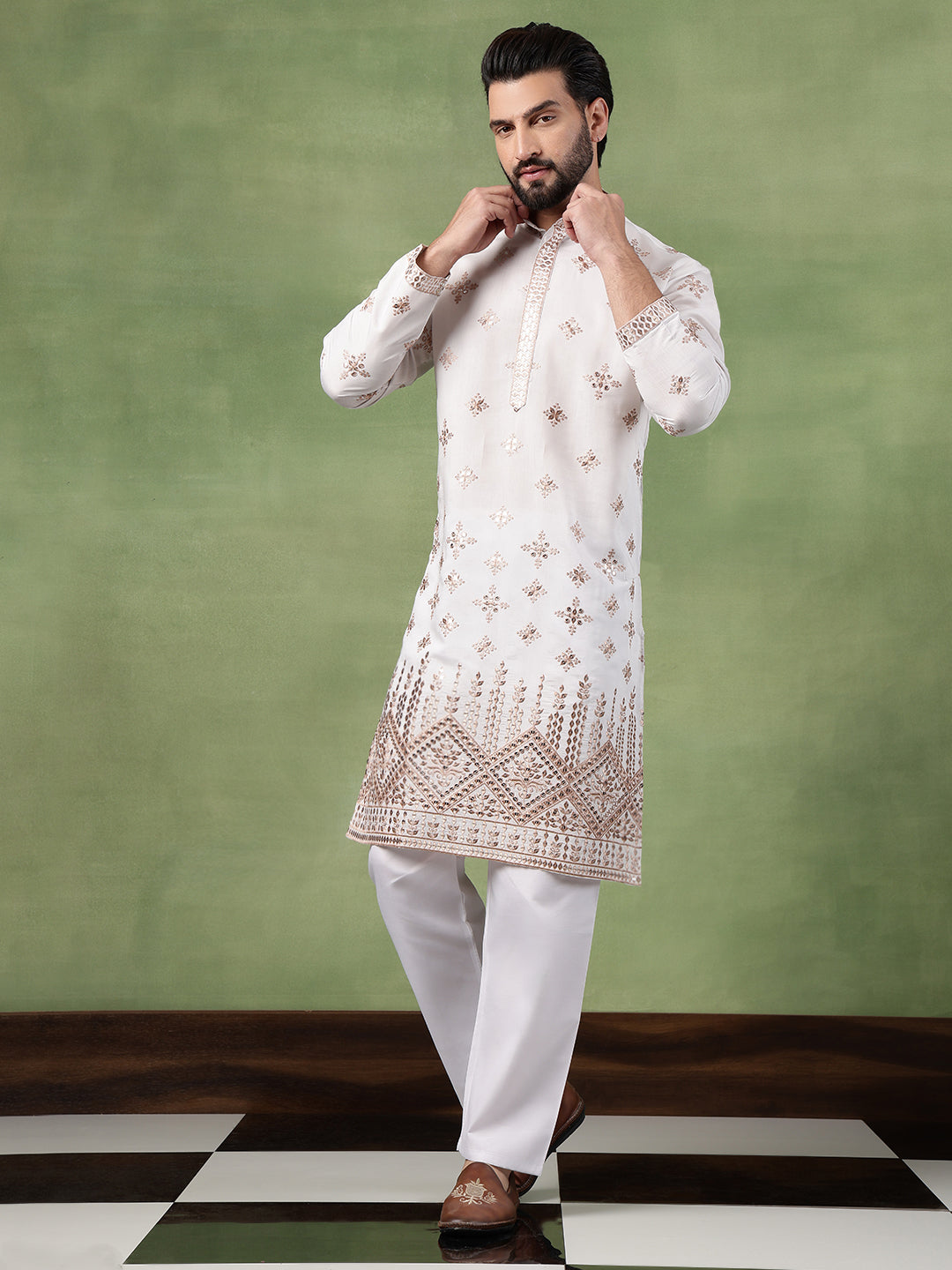 Men’s Cotton Mirror Hem Embroidered White Long Kurta
