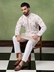 Men’s Cotton Mirror Hem Embroidered White Long Kurta