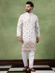 Men’s Cotton Mirror Hem Embroidered White Long Kurta