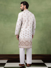 Men’s Cotton Mirror Hem Embroidered White Kurta with Pyjama