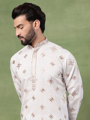 Men’s Cotton Mirror Hem Embroidered White Kurta with Pyjama