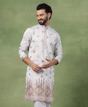 Men’s Cotton Mirror Hem Embroidered Sky Blue Long Kurta