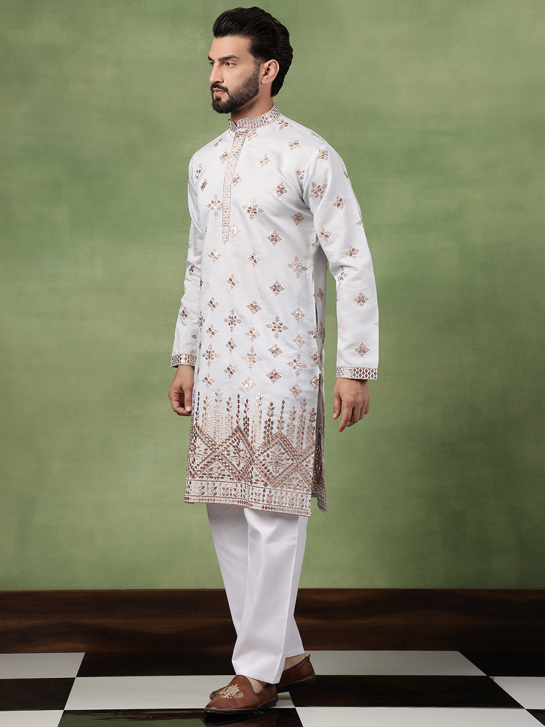 Men’s Cotton Mirror Hem Embroidered Sky Blue Long Kurta