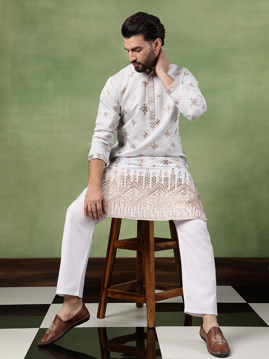Men’s Cotton Mirror Hem Embroidered Sky Blue Kurta with Pyjama