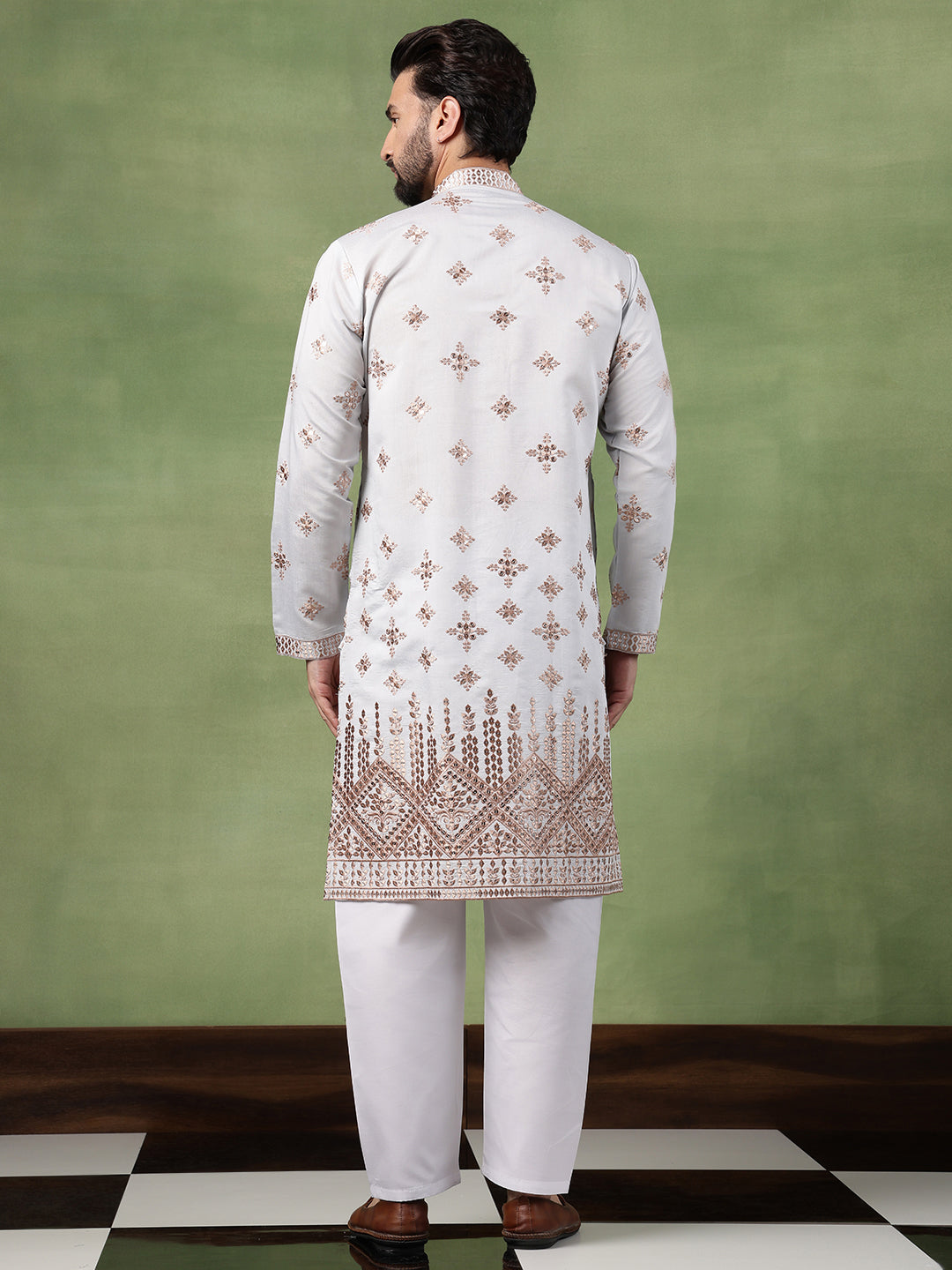 Men’s Cotton Mirror Hem Embroidered Sky Blue Kurta with Pyjama