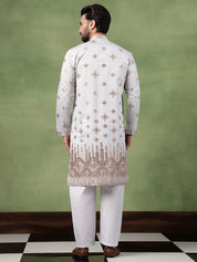 Men’s Cotton Mirror Hem Embroidered Sky Blue Kurta with Pyjama