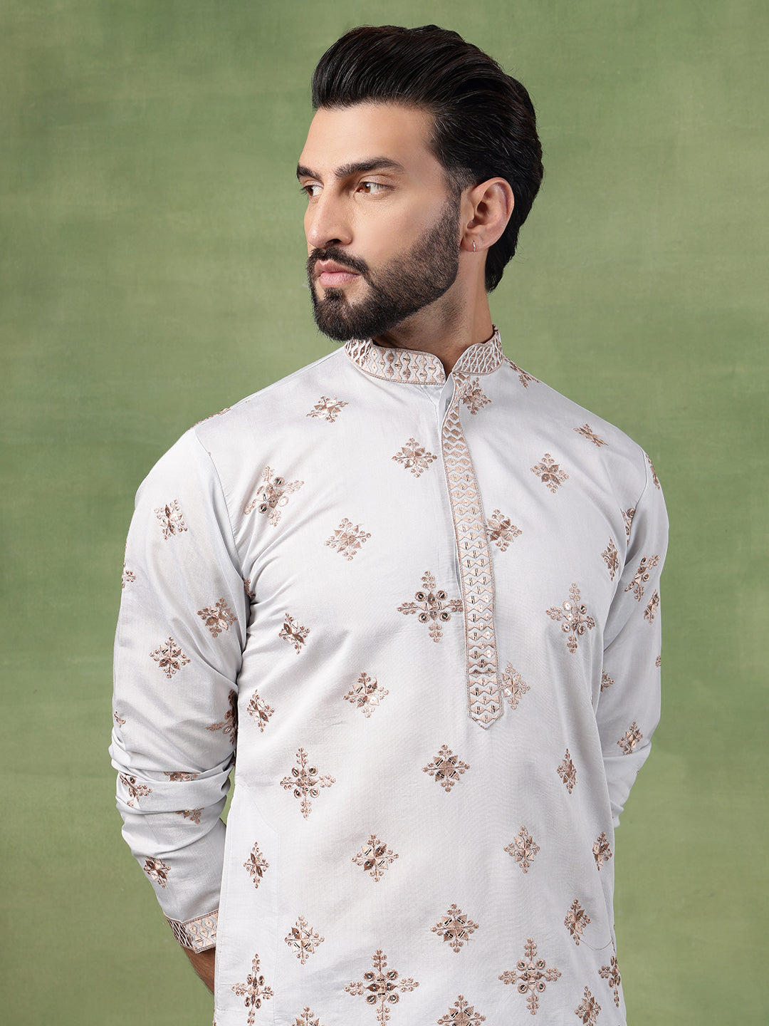 Men’s Cotton Mirror Hem Embroidered Sky Blue Kurta with Pyjama