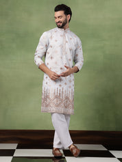 Men’s Cotton Mirror Hem Embroidered Sky Blue Kurta with Pyjama