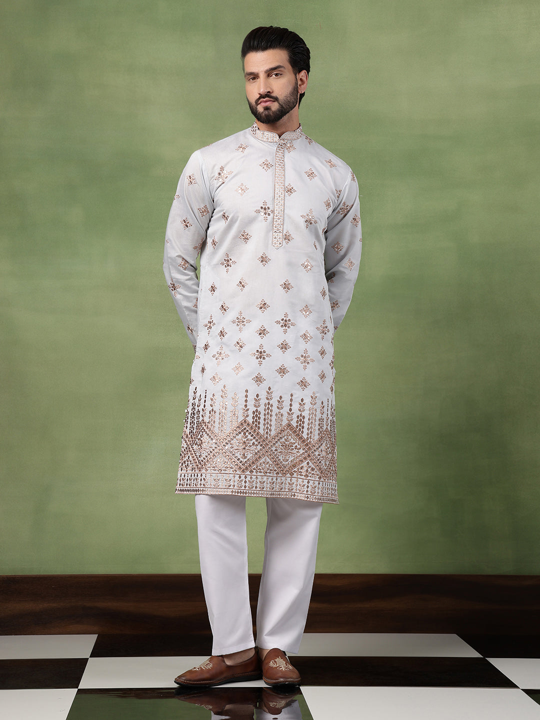 Men’s Cotton Mirror Hem Embroidered Sky Blue Kurta with Pyjama