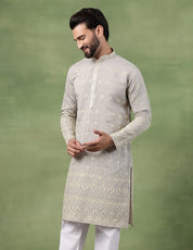 Men's Cotton Schiffli Embroidered Grey Long Kurta