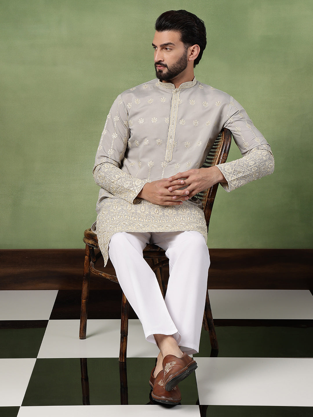 Men's Cotton Schiffli Embroidered Grey Long Kurta