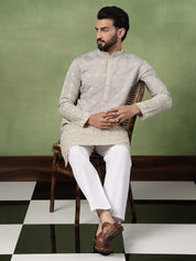 Men's Cotton Schiffli Embroidered Grey Long Kurta