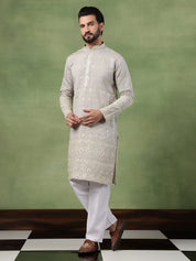 Men's Cotton Schiffli Embroidered Grey Kurta With Pyjama