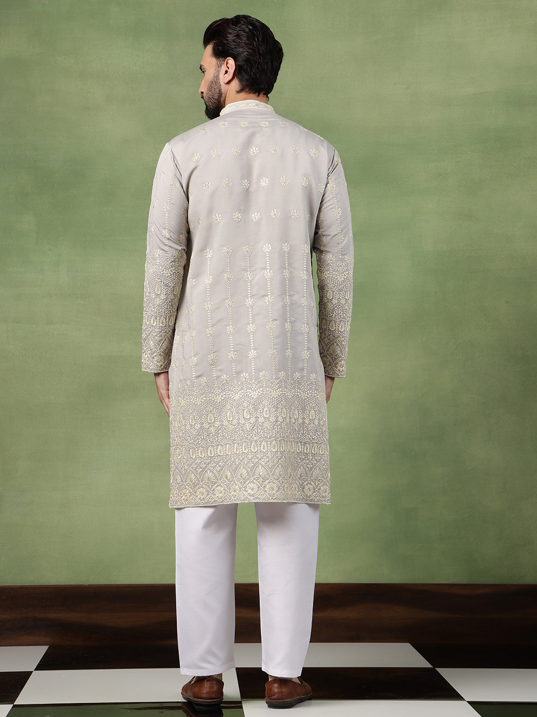 Men's Cotton Schiffli Embroidered Grey Kurta With Pyjama