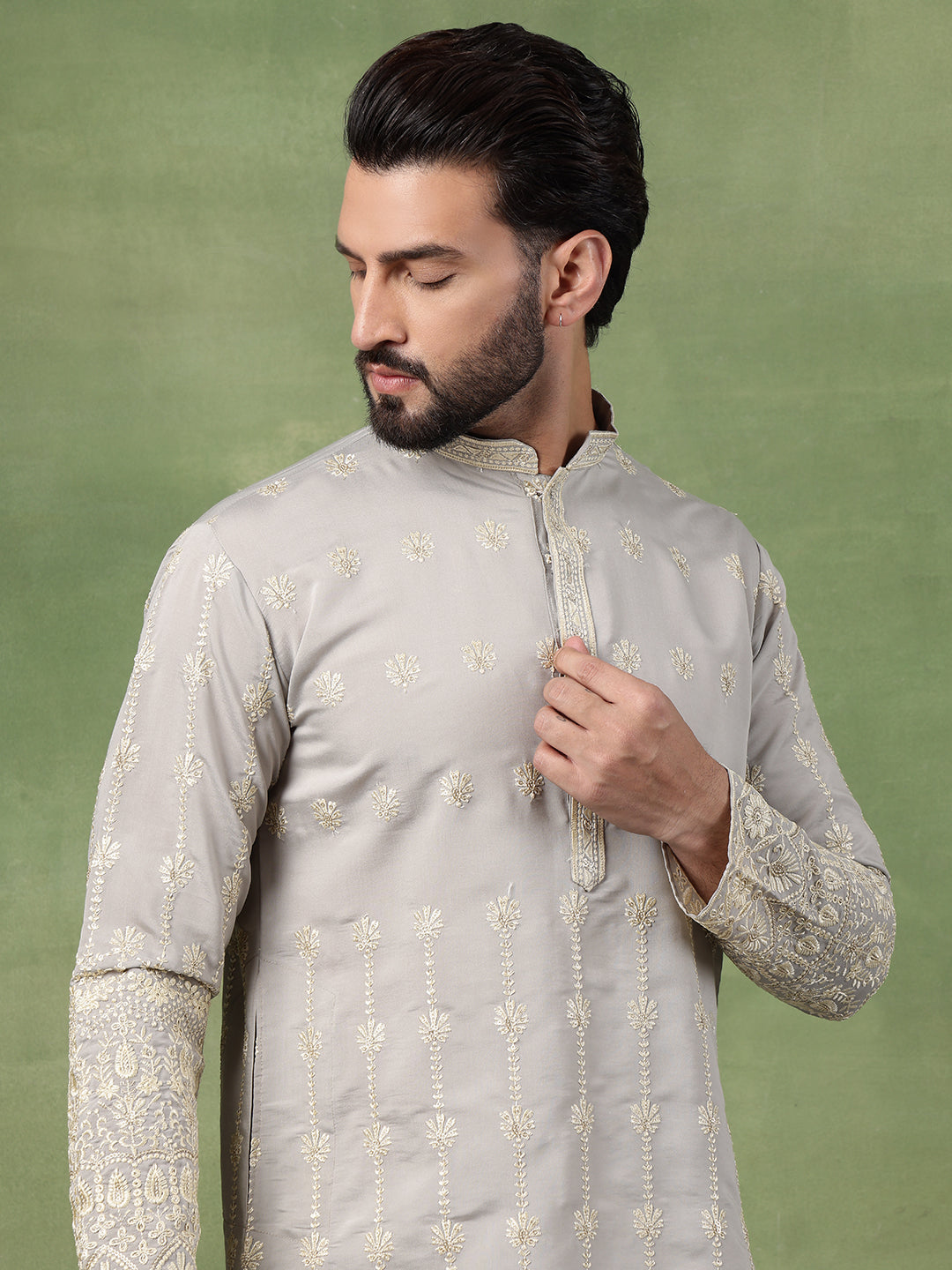 Men's Cotton Schiffli Embroidered Grey Kurta With Pyjama