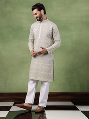 Men's Cotton Schiffli Embroidered Grey Kurta With Pyjama