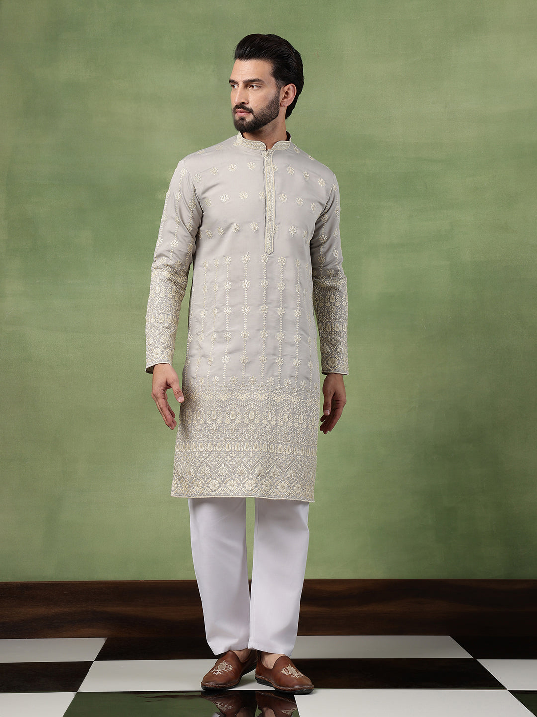 Men's Cotton Schiffli Embroidered Grey Kurta With Pyjama