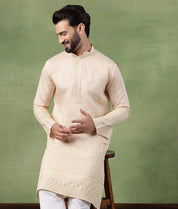 Men's Cotton Schiffli Embroidered Beige Long Kurta (Copy)