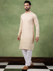 Men's Cotton Schiffli Embroidered Beige Long Kurta (Copy)