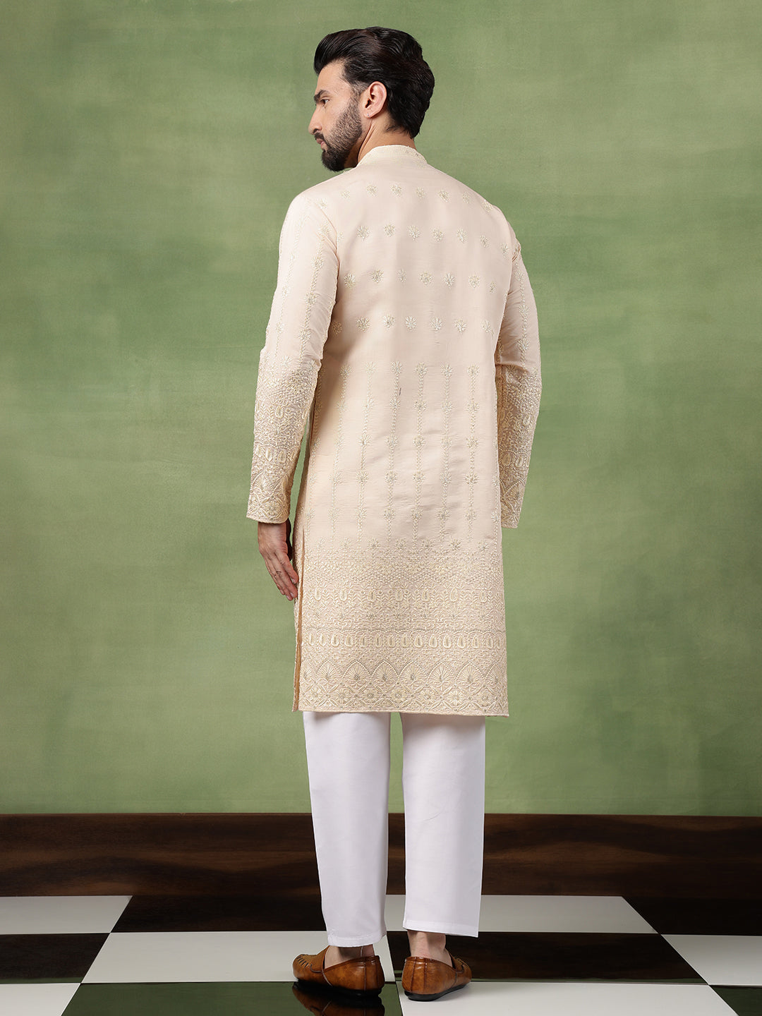 Men's Cotton Schiffli Embroidered Beige Long Kurta (Copy)