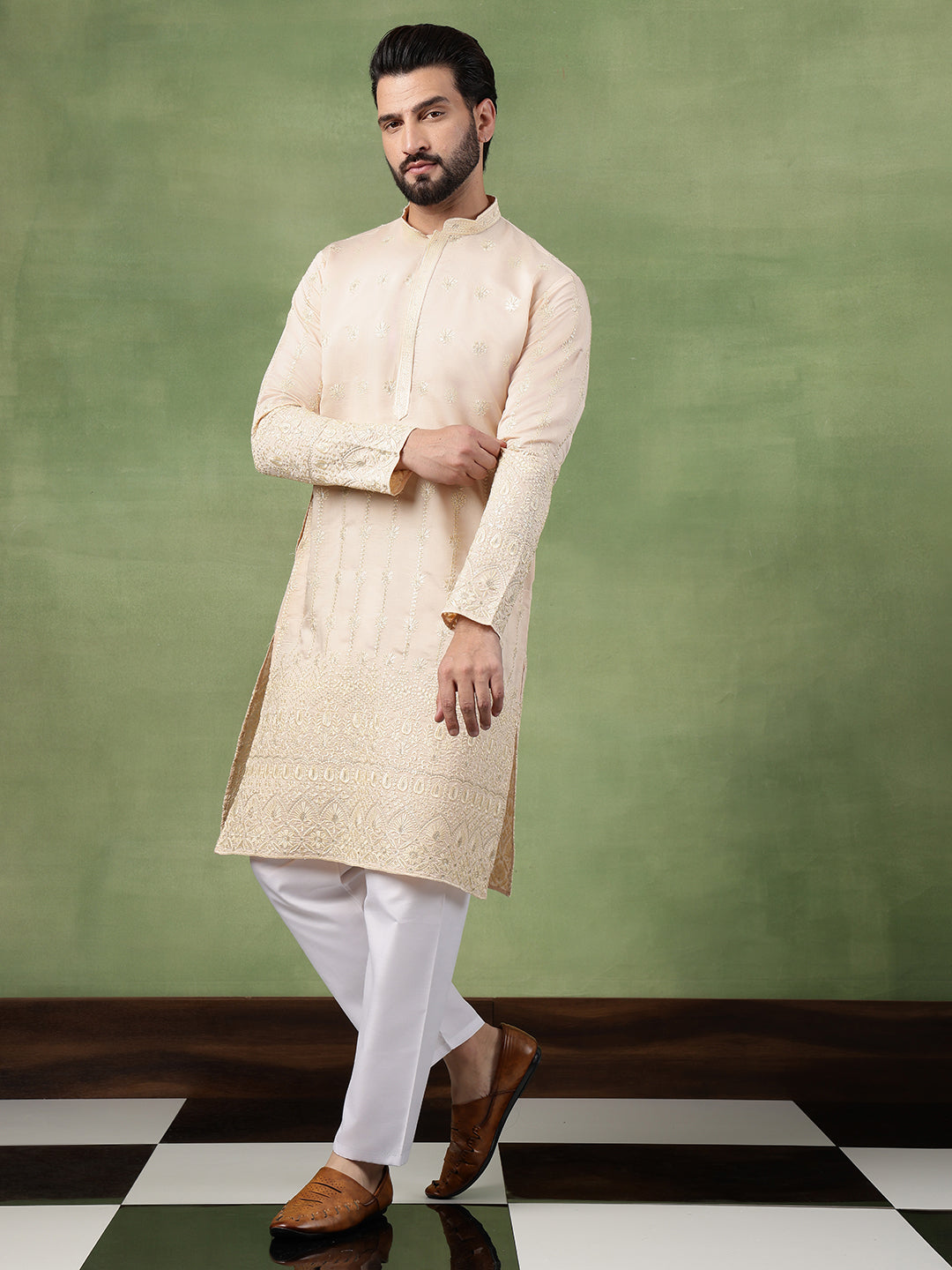 Men's Cotton Schiffli Embroidered Beige Long Kurta (Copy)