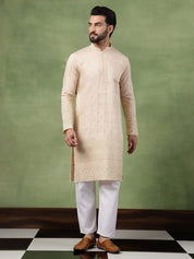 Men's Cotton Schiffli Embroidered Beige Long Kurta (Copy)