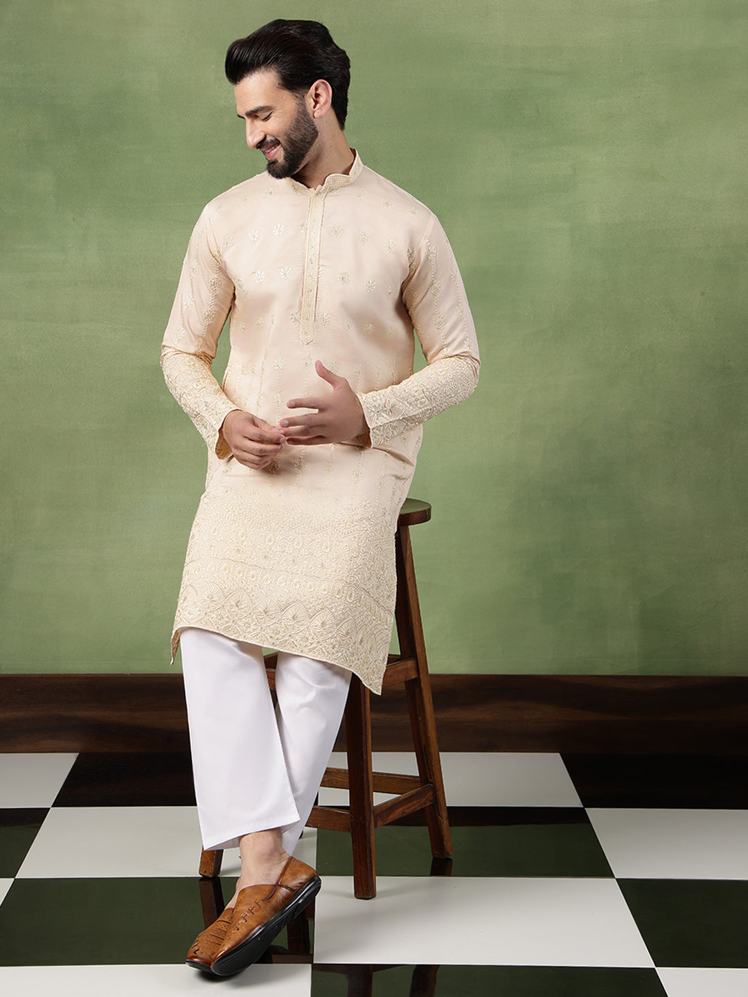 Men's Cotton Schiffli Embroidered Beige Kurta With Pyjama
