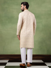 Men's Cotton Schiffli Embroidered Beige Kurta With Pyjama