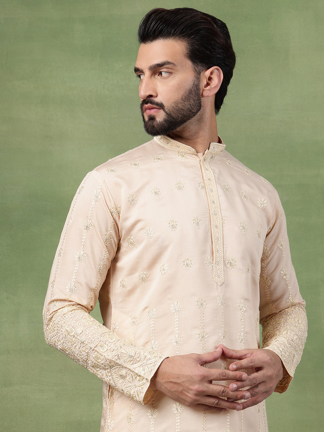 Men's Cotton Schiffli Embroidered Beige Kurta With Pyjama